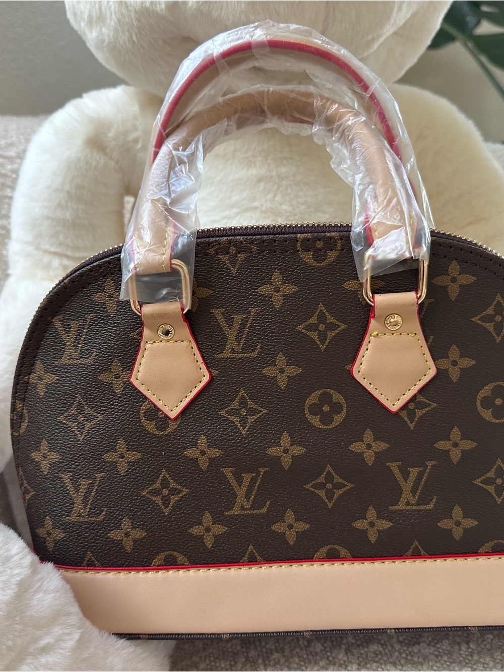 Alma Lv inspired Brown Monogram Satchel with red Trim